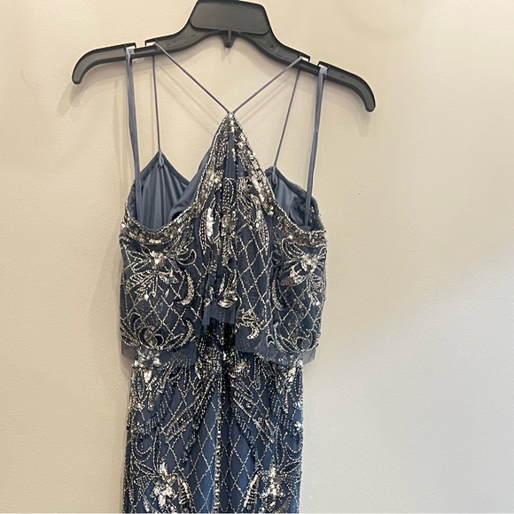 Brand new Aidan Mattox Womens Blue Beaded Off-The-Shoulder Evening Dress Gown - Picture 3 of 8